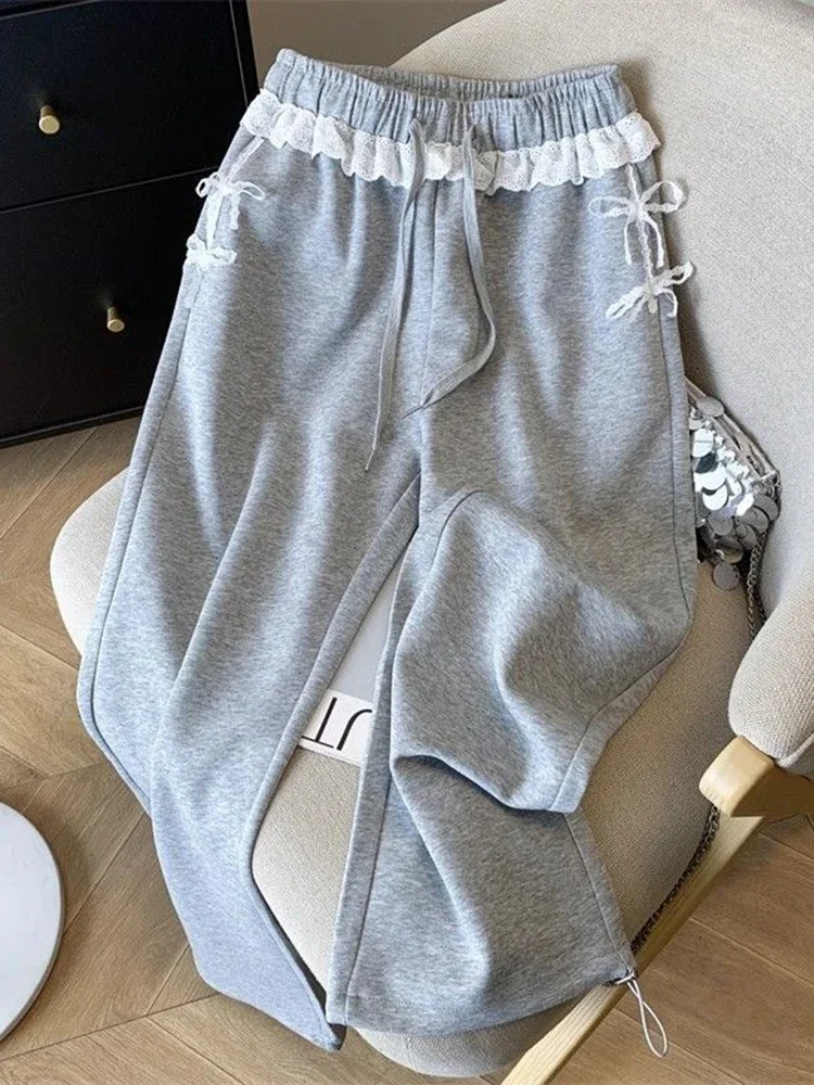 Gray Lace Patchwork Sweatpants Women High Waist Sweet Trousers Korean Fashion Loose Female Elegant All Match Wide Leg Pants