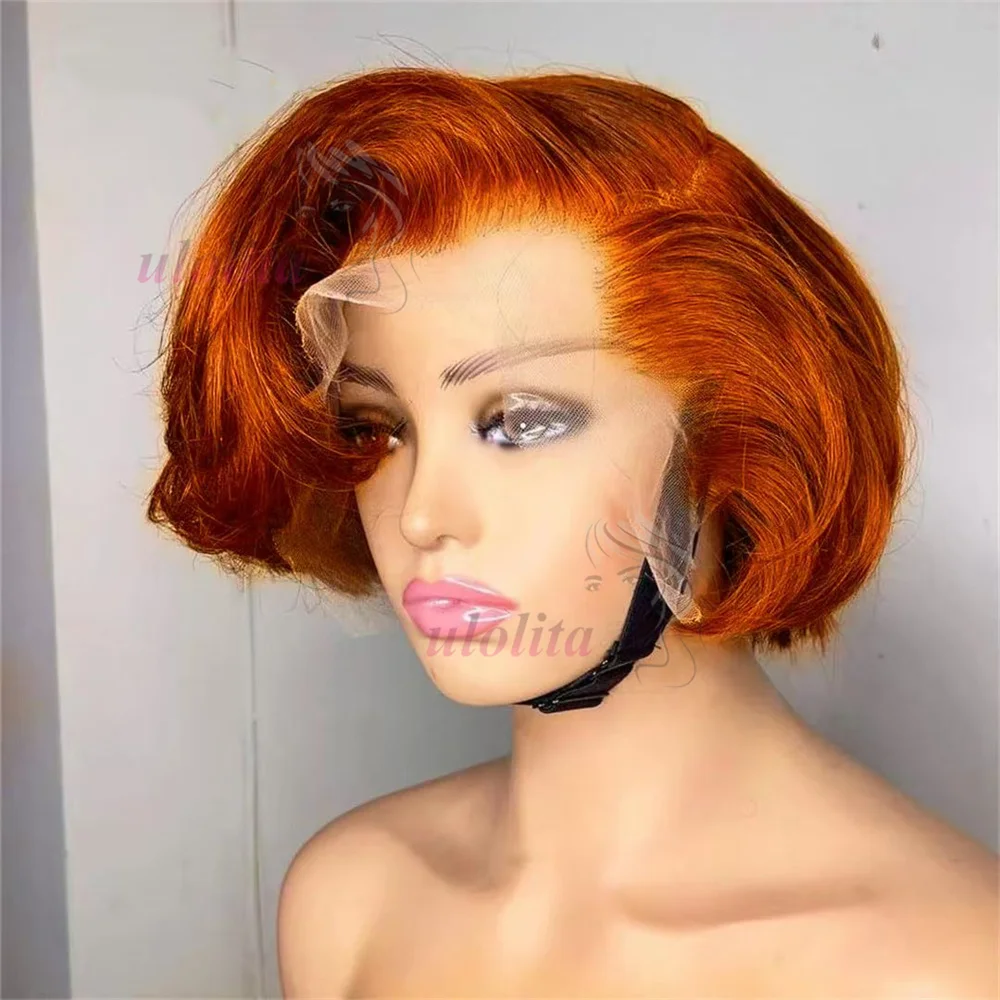 Ginger 13x4 Lace Frontal Perücke aus brasilianischem Remy Echthaar für schwarze Frauen, gewellter, vorgezupfter Haaransatz, 613 kurzer Bob mit Pony – Detail 1