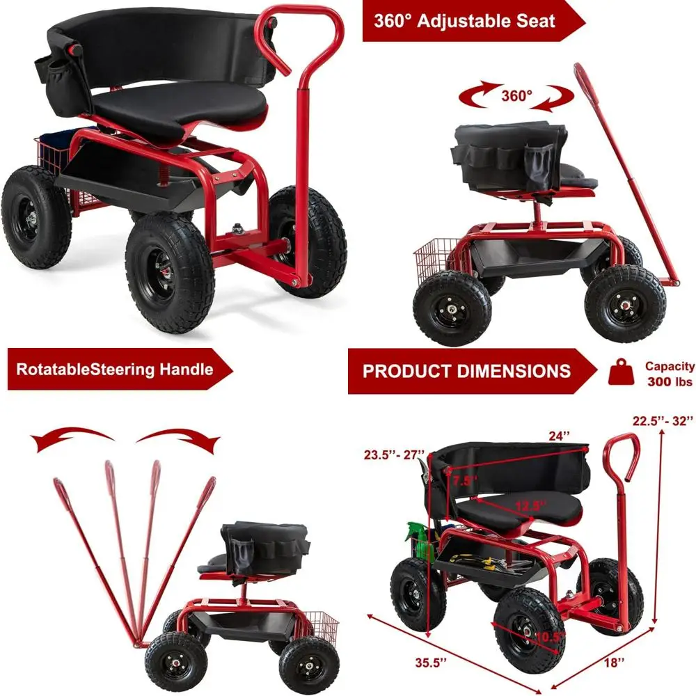 

Rolling Garden Work Seat with 360 Swivel, Utility Scooter Wagon, Steering Handle, and Tool Trolley for Outdoor Tasks