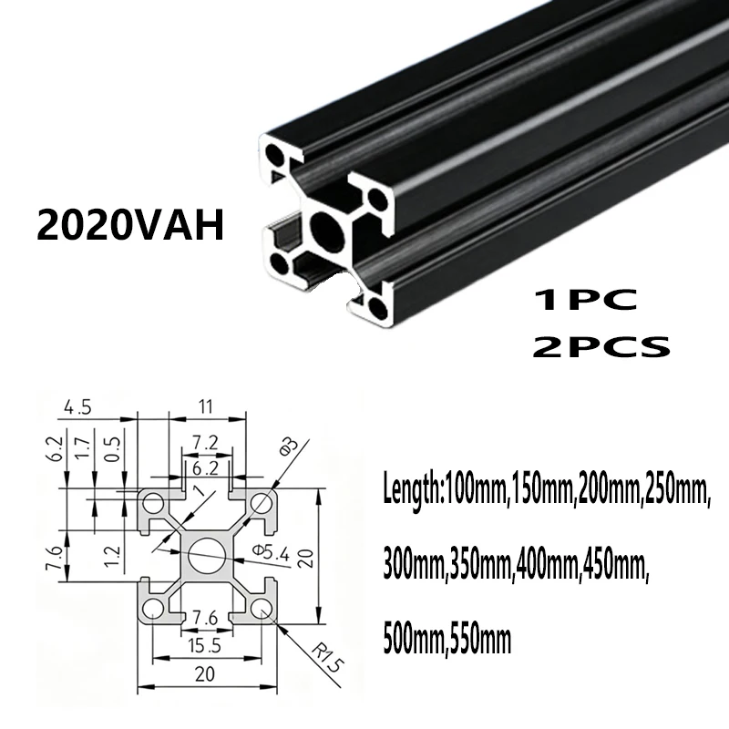 2020VAH Aluminum Profile European Standard Anodized Extrusion 100mm to 550mm Length Linear Rail for DIY 3D Printer Workbench CNC