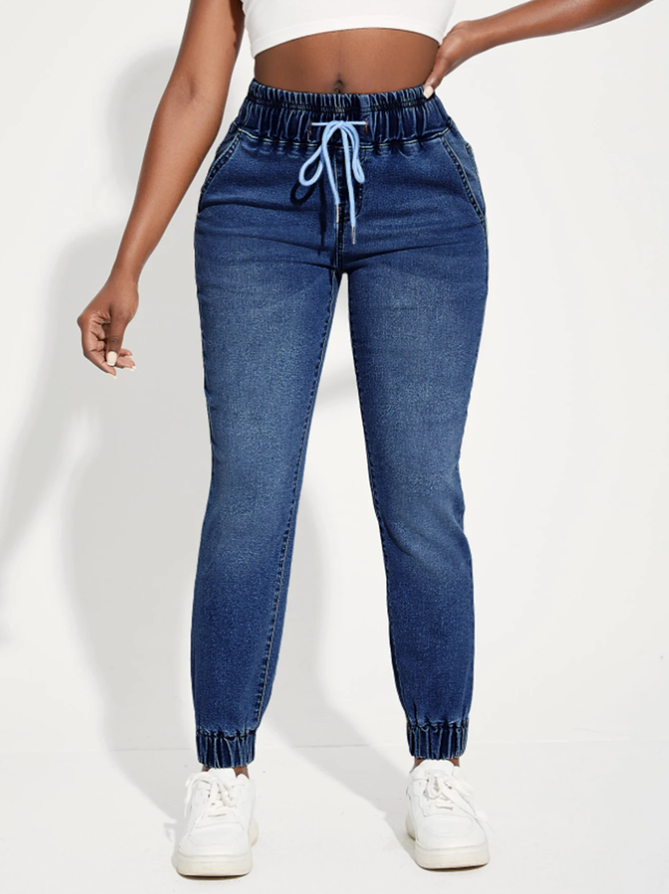 Vaqueros de mujer, pantalones vaqueros elásticos estilo deportivo con cordón y cintura elástica