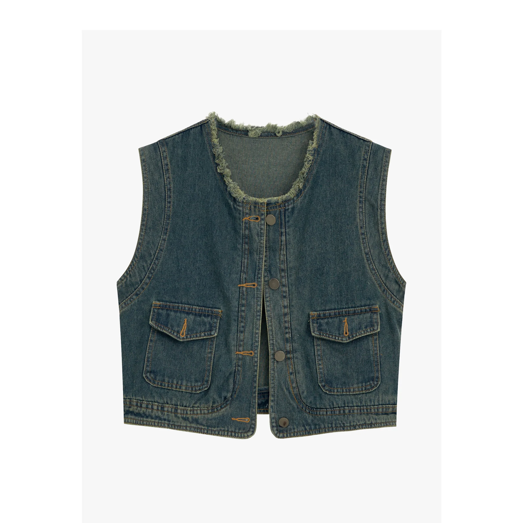 

Vintage Flash External Denim vest Women Spring Autumn Single Breasted Pocket O-Neck Coat Fashion All-matched Vests