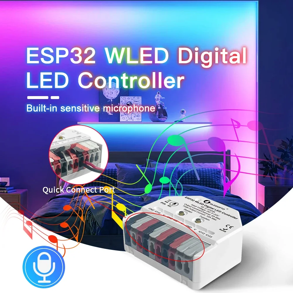 ESP32 Mini RGB LED Strip Controller Digital IC with Microphone Sound Mode Music DC5V USB Dynamic WS2811 WS2812