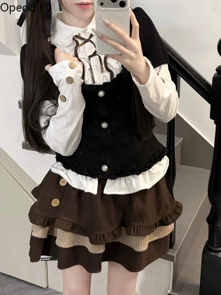

Sweet Cool Girl Japanese Original Lolita College Style Knitted Top School Supply Bubble Sleeve Lace Cake Skirt Two-piece Set