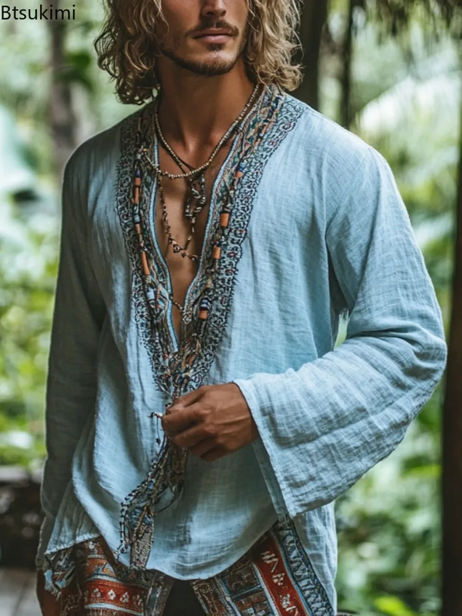 

Summer Retro Ethnic Style Men's Long Sleeve Print Shirts Loose Casual Sexy Deep V Streetwear Men Bohemian Beach Vacation Blouses