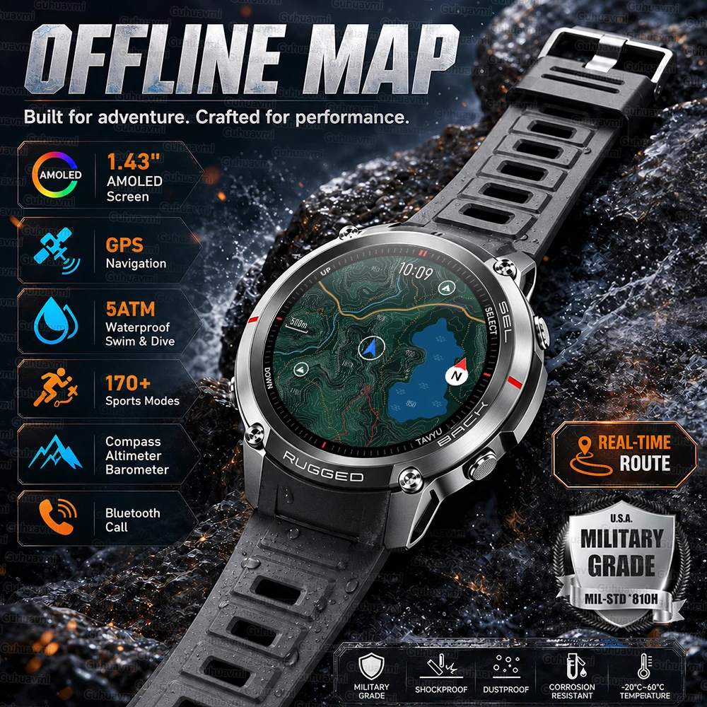 2026 Military Satellite Offline Map GPS Smart Watch Men 1.43''AMOLED Bluetooth Call Compass 5ATM Waterproof 170+Sport Smartwatch