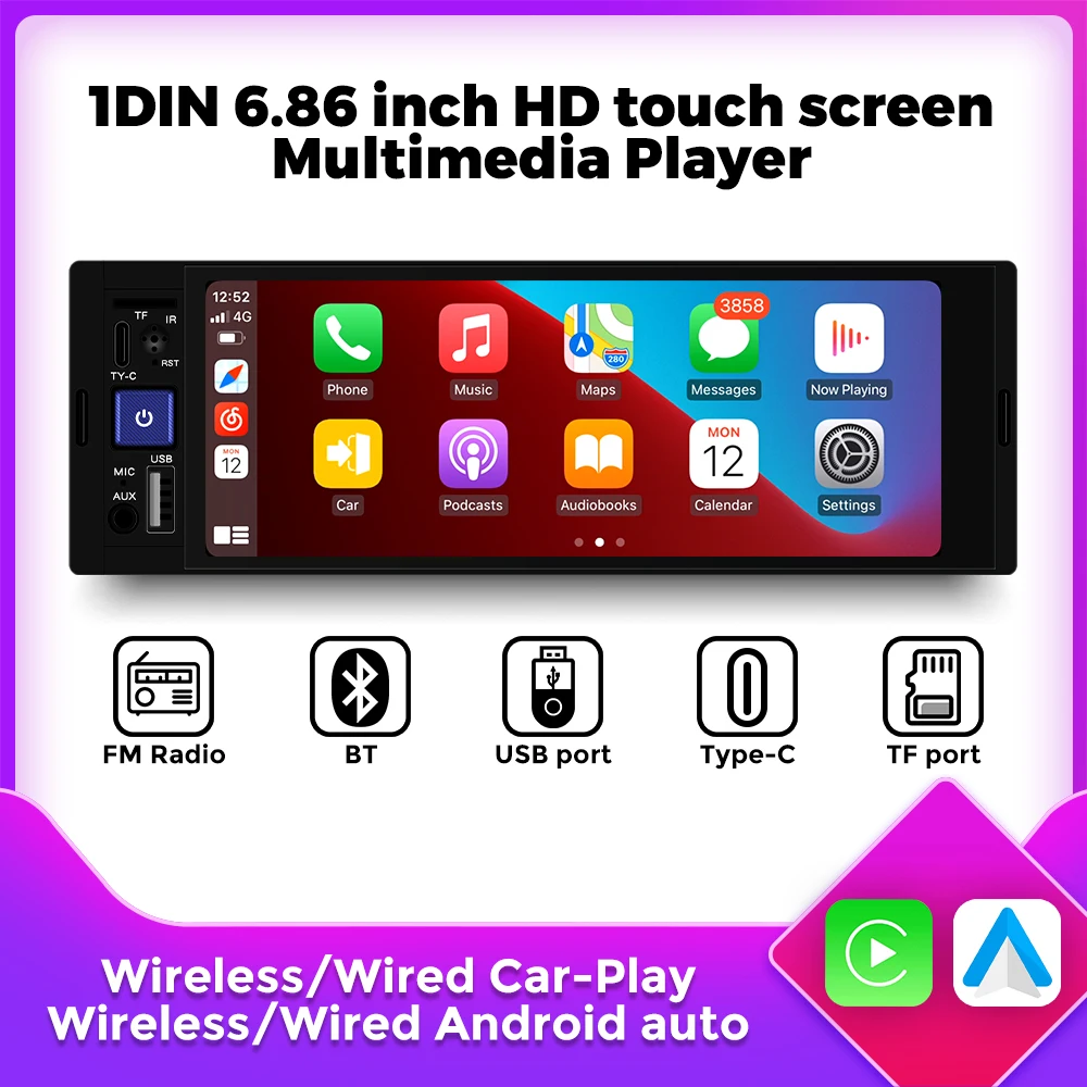 

6.86 Inch 1DIN Wireless CarPlay Auto HD Touch Screen Multimedia Player Universal Car FM Radio Stereo MP5 USB TF Port Camera SWC