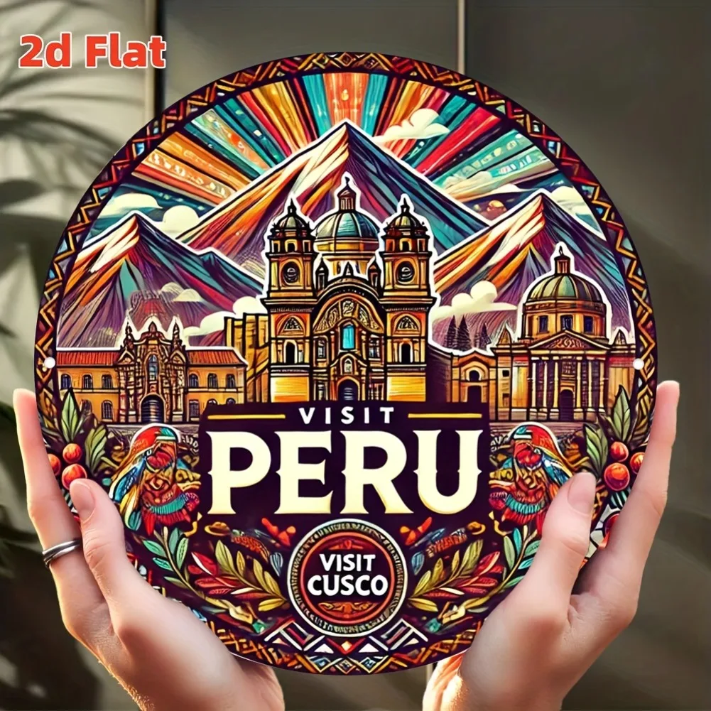 لوحة فنية جدارية معدنية مسطحة ثنائية الأبعاد لمدينة بيرو كوسكو - زخرفة ثقافية أنندية مستديرة مقاس 7.8 بوصة معبد ماتشو بيتشو وإنكا للشمس