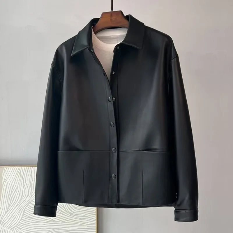 Women's Leather Jacket Autumn Classic Black Loose Casual Jackets Long Sleeves Lapels Single Breasted Spliced Short Women's Coat