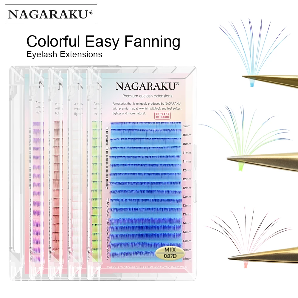 NAGARAKU Color Easy Fanning Наращивание ресниц Автоматические веерные ресницы Ombre Синий Розовый Фиолетовый Микс 9-15 мм 16 линий Мегаобъем