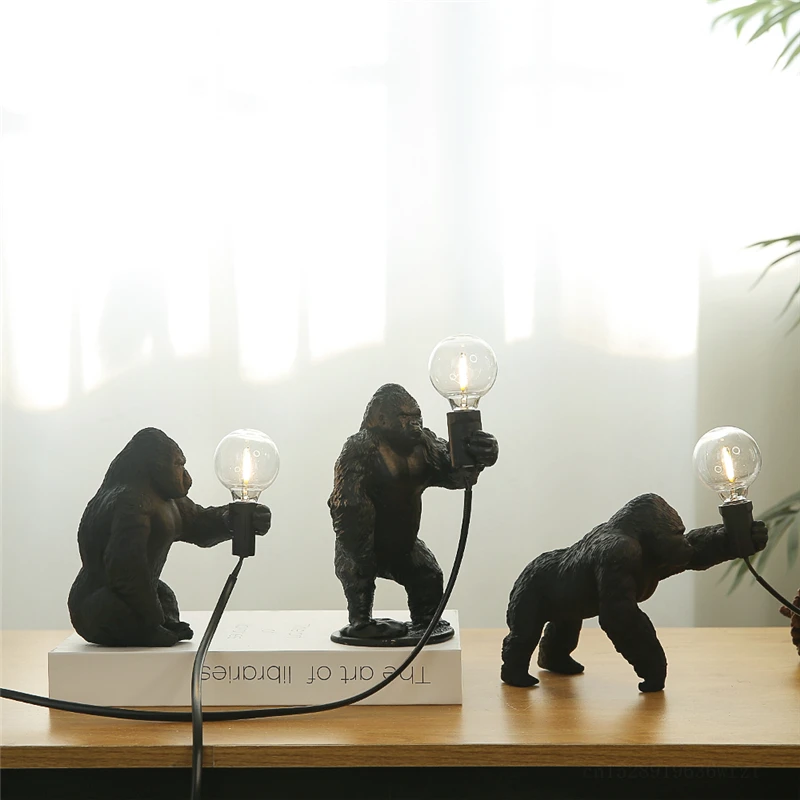 Resin Mini Gorilla Table Lamp Black White Golden Monkey Desk Lamp Table Decoration Children's Room Decor Holiday Gifts Lights