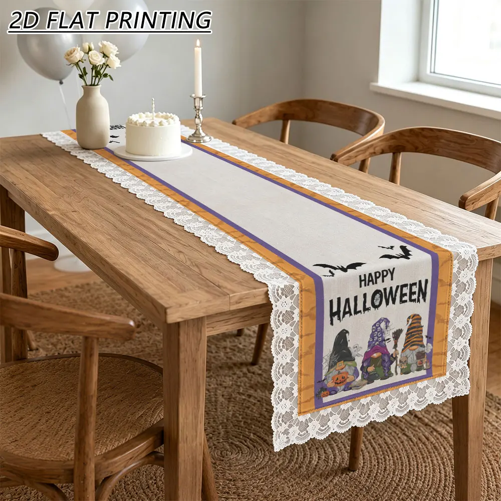 1pc Halloween Gnome Bat Pattern Tulle Lace Table Runner For Holiday Dining Room Decoration
