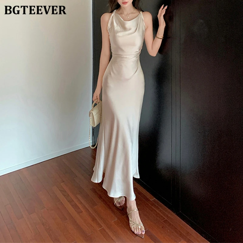 BGTEEVER Summer Fashion Women Satin Package Hip Dress Elegant Slim Waist Ladies Sleeveless Bodycon Mermaid Dress Vestidos
