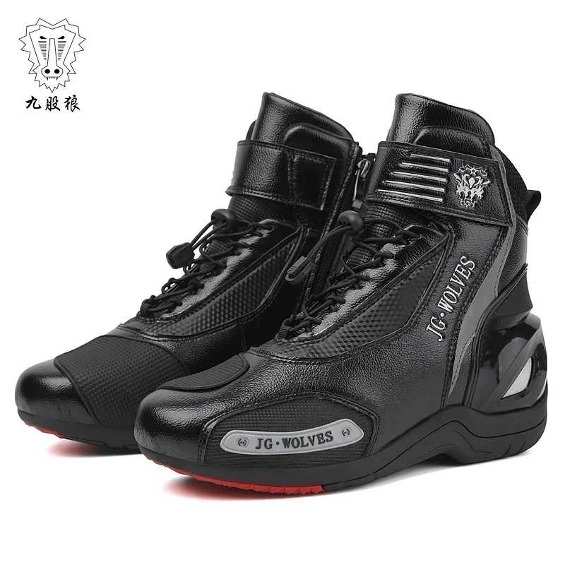 JG.WOLVES Motorcycle Biker Boots for Men and Women Microfiber Anti-collision Ankle Protective Shoes Leather Racing Ankle Boots