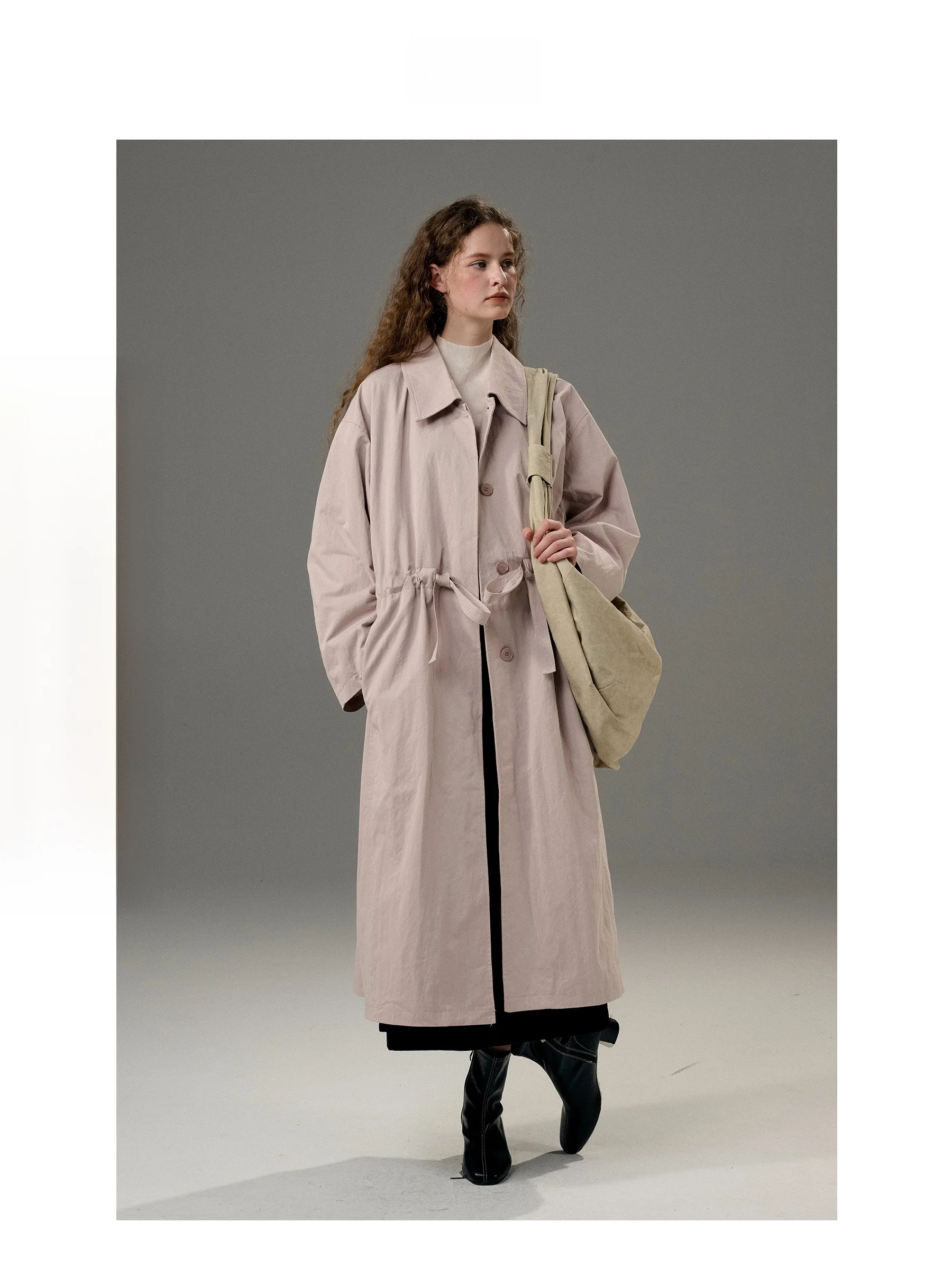 

Low Saturation Pastel Belted Dstring Collar Diagonal Cotton Silk Texture Button Windbreaker Outerwear Modern Commute Sle