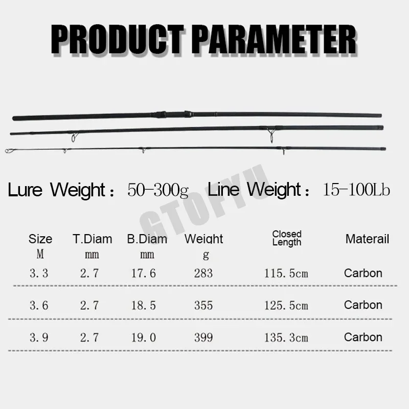 초경질 잉어 낚싯대, 고탄소 섬유 3 섹션 피더, 여행 낚시 롱캐스트 비치 로드, 3.3m, 3.6m, 3.9m