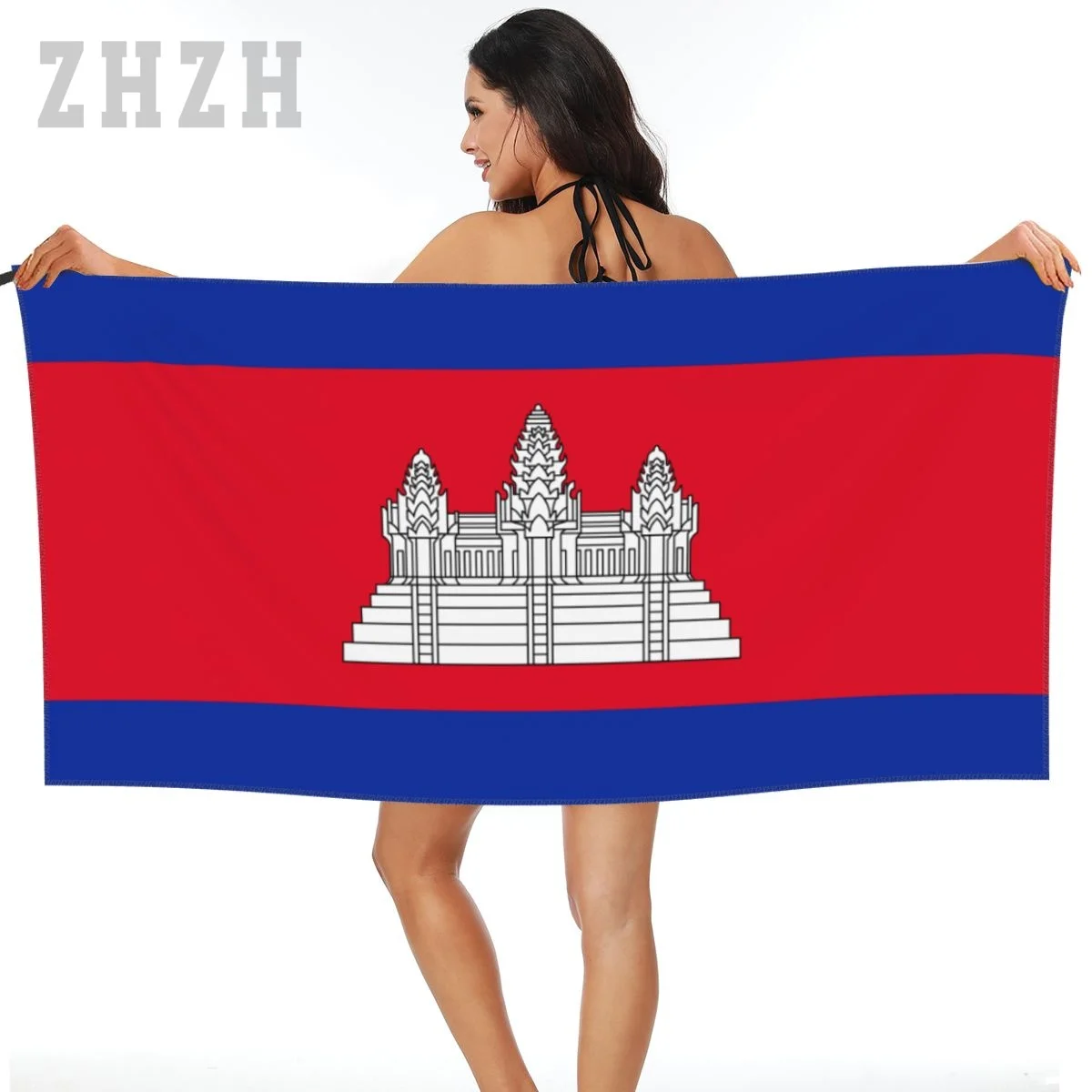 More Design Cambodia Flag Emblem Bath Towel Quick dry Microfiber Absorbing Soft Water Breathable Beach Swimming Bathroom