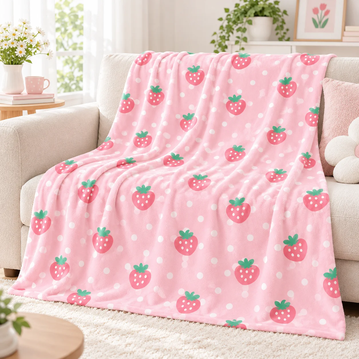 Pink Strawberry Polka Dot Throw Blanket, Soft Cozy Cute Kawaii Blanket, Home Decor for Bedroom, Living Room & Dorm Room