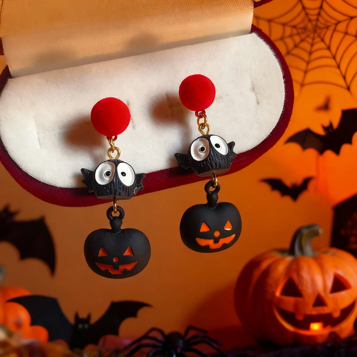 Halloween Flying Big Eyes Ghost Dangle Earrings Cute Cartoon Black Resin Bat Ghost Pumpkin Drop Earring For Women Men Jewelry