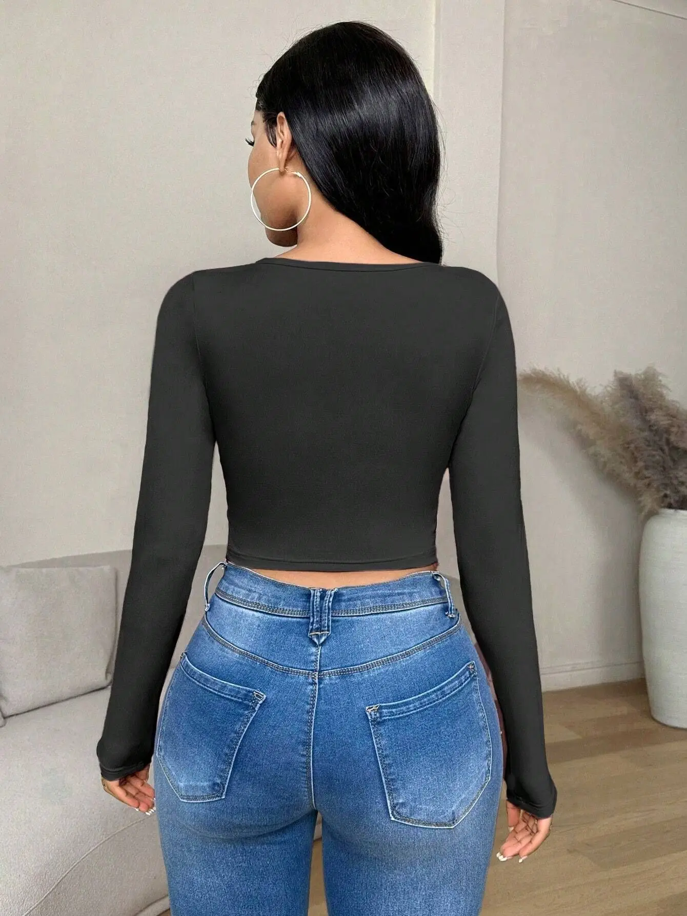 Damen Sweetheart-Ausschnitt Gerafftes Oberteil mit Langen Ärmeln Unregelmäßiger Gebogener Saum Slim Fit Einfarbiges Basic Y2K Casual T-Shirt – Detail 4