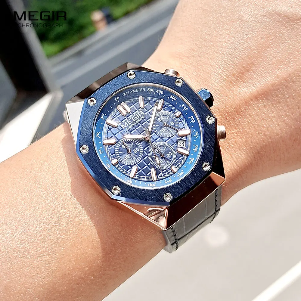 MEGIR Blue Leather Strap Quartz Watches Men Fashion Waterproof Chronograph Luminous Sport Wristwatch with Auto Date 24-hour 2213