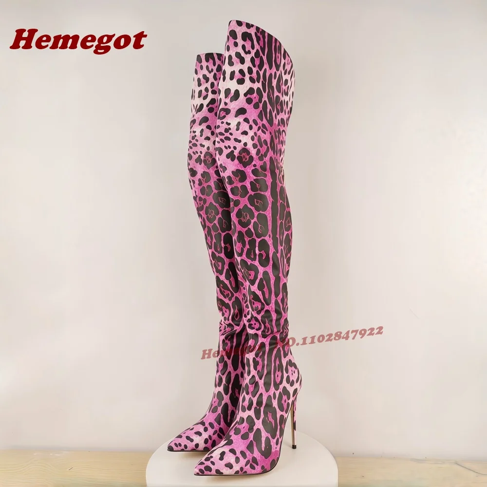 

Pink Leopard Stiletto Heels Thigh High Boots Pointy Toe Back Zipper Winter Boots for Women 2026 New Luxury Warm Shoes Runway