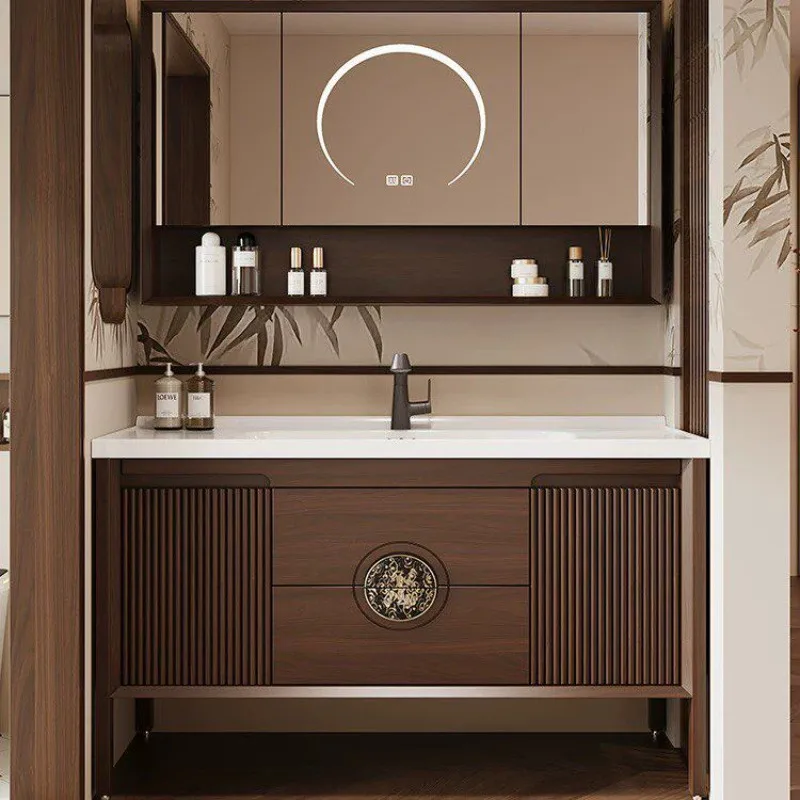 Rubber wood bathroom cabinet combination, floor-to-ceiling ceramic washbasin, toilet washbasin cabinet