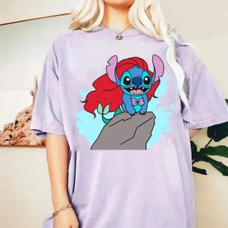 Disney Funny Stitch และ Ariel เสื้อเจ้าหญิงเสื้อยืด Stitch Little Mermaid ผ้าฝ้ายแขนสั้นหญิงและของขวัญวันเกิดผู้หญิง