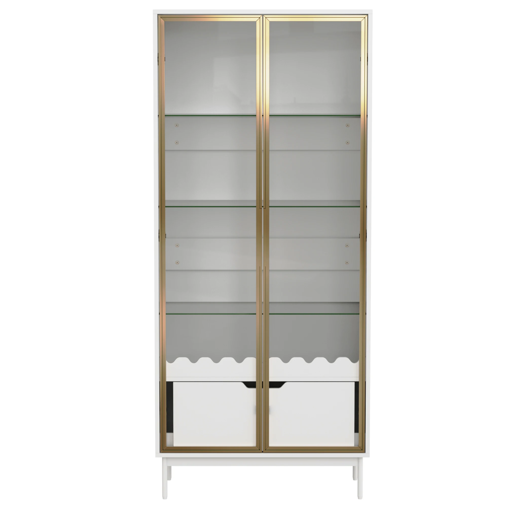 Armoire de rangement moderne et haute avec porte en verre, étagères réglables, grand tiroir, façade décorée à motifs ondulés, pieds en métal. Élégant meuble de présentation pour salon, chambre à coucher, couloir. Organiseur polyvalent avec base de circulation d'air