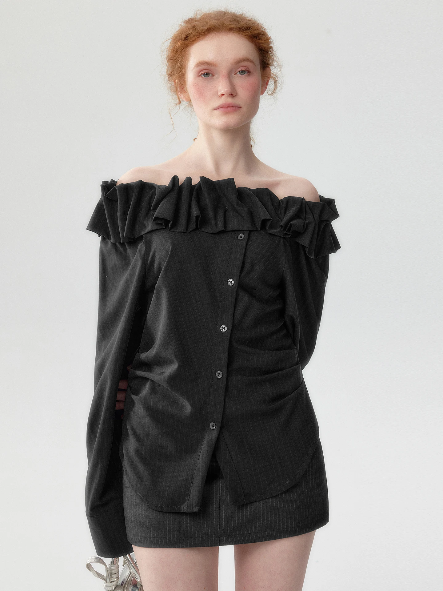 

Женская рубашка Slimming Bone Sense в корейском стиле с одним открытым плечом, весенне-летняя, с воротником-стойкой, в полоску, с длинным рукавом, на пуговицах