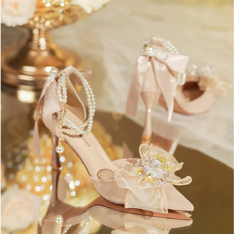 Spring/summer Korean Fashion Pointed Beaded Flower Shallow Mouth Thin Heel High Heel Single Shoes Lolita Wedding Shoes