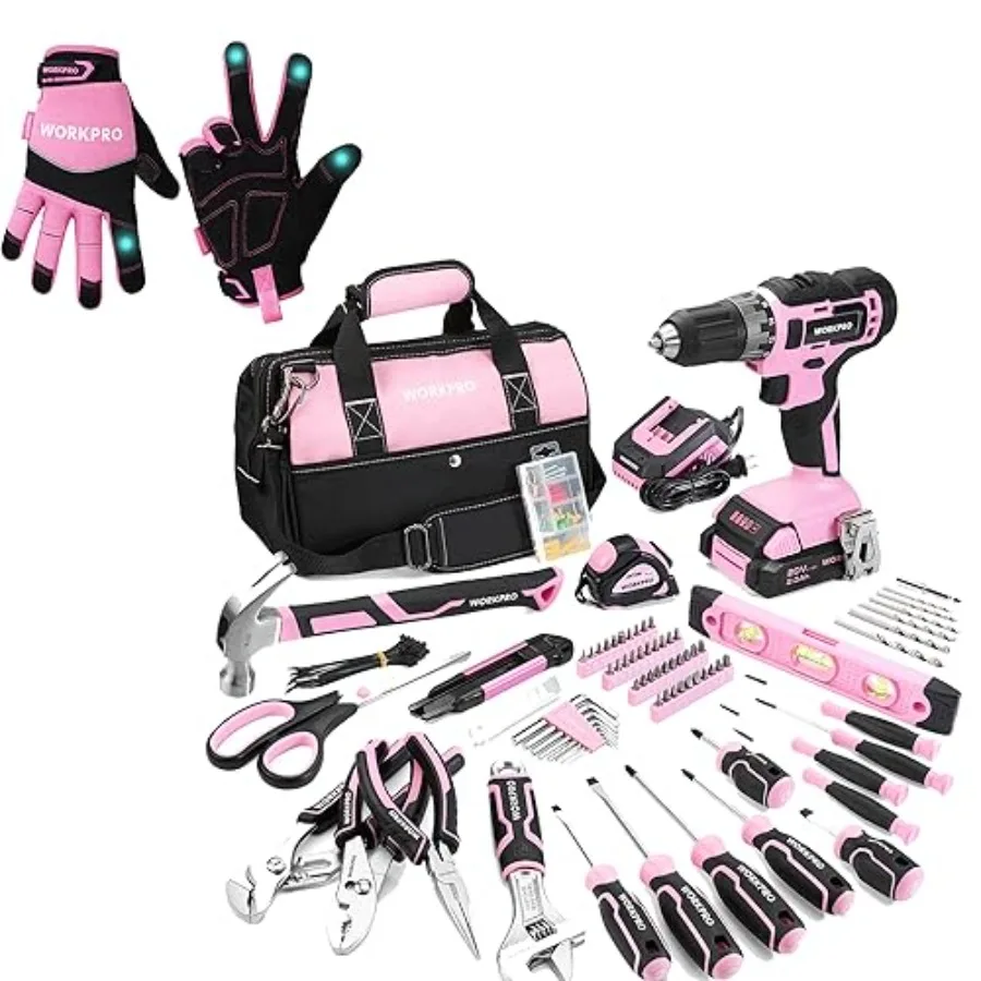 

Рабочие перчатки и набор инструментов WORKPRO Pink Home Tool Kit с дрелью, 157 предметов, розовый набор инструментов с 20-вольтовой беспроводной литий-ионной дрелью G