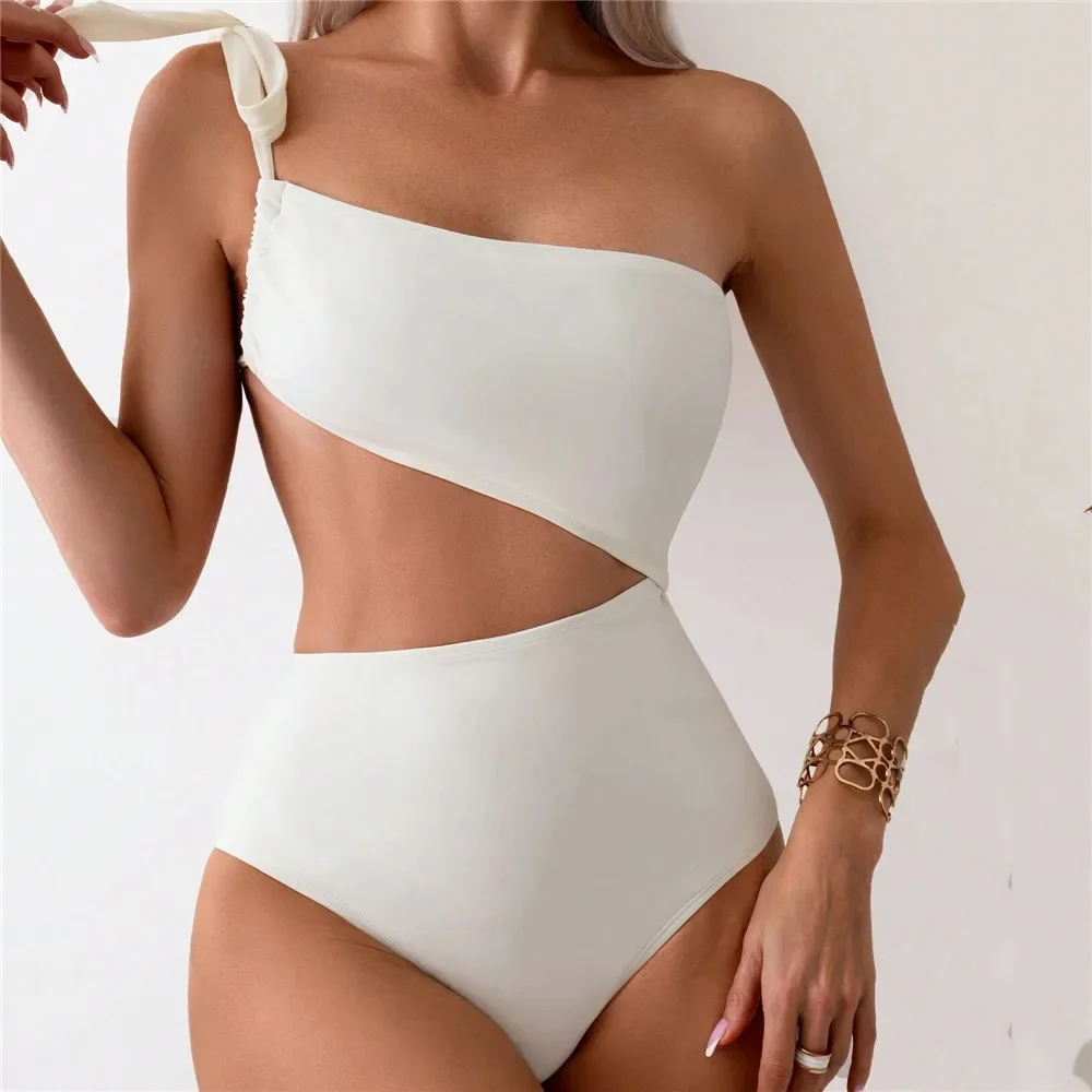 White One Shoulder Sexy Swimsuit Women 2026 One Piece Swimwear Hollow Out Monokini Knotted Bathing Suit Push Up Swimming Wear