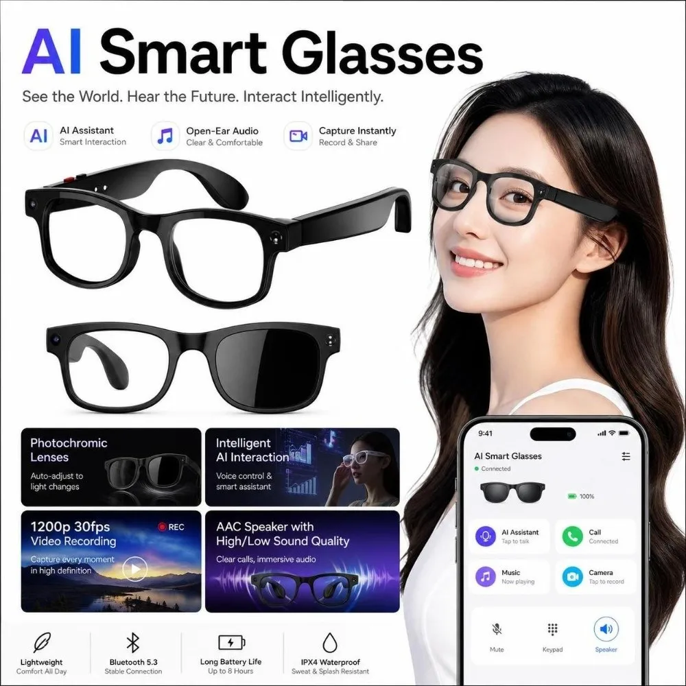 2 in 1 AI Smart Glasses HD Photo Video Voice Real-time Translation Smart AI Glasses Anti-Blue Light Call Translation