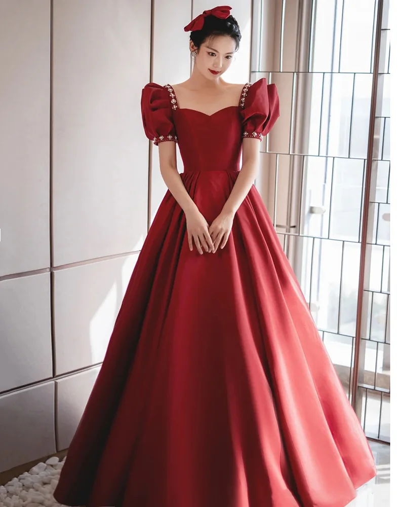 Burgundy Satin Beaded Square Collar Puff Sleeve A-Line Evening Dress Bride Bridesmaid Wedding Tulle Prom Gowns Vestidos