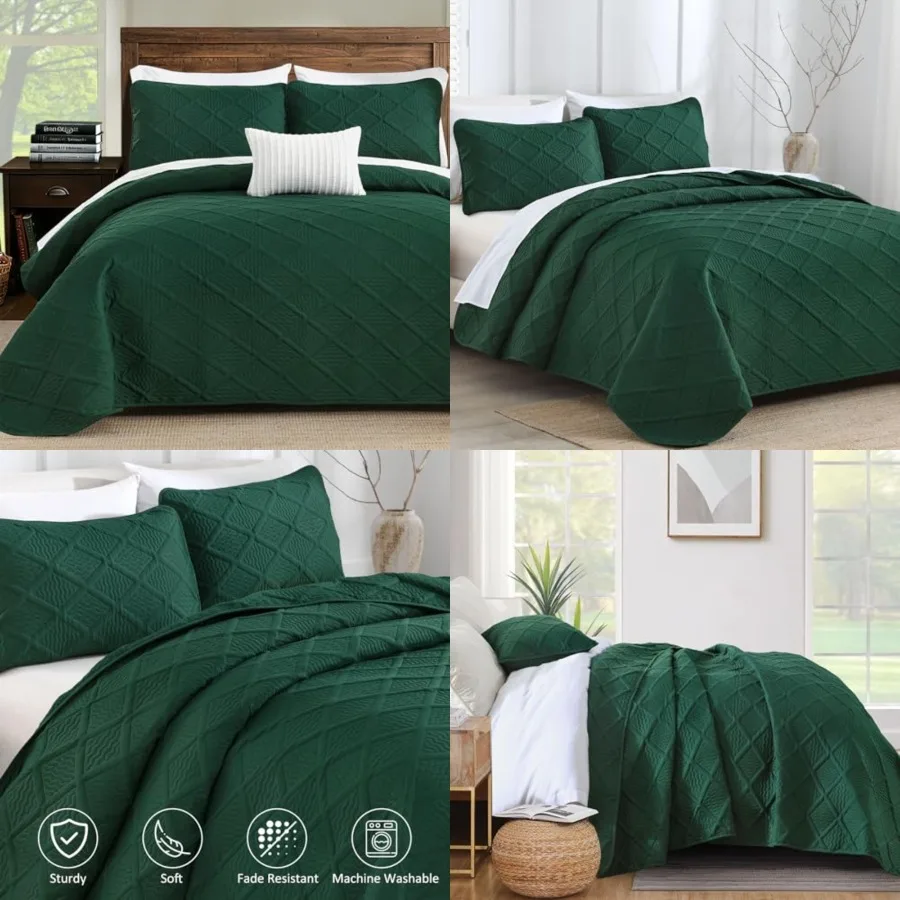 

ifornia Quilt Set, Emerald Green Oversized Bedspread Bedding Set, Lightweight Diamond Pattern Soft Microfiber Modern Style Cove