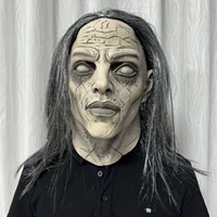Creepy witch Halloween mask with cracked face, white eyes and long grey hair