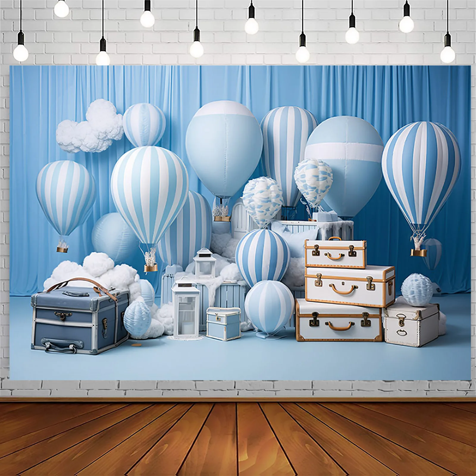 Hot Air Balloon Photography Background Blue Sky White Clouds Luggage Adventure Birthday Party Decor Backdrop Kids Cake Portrait