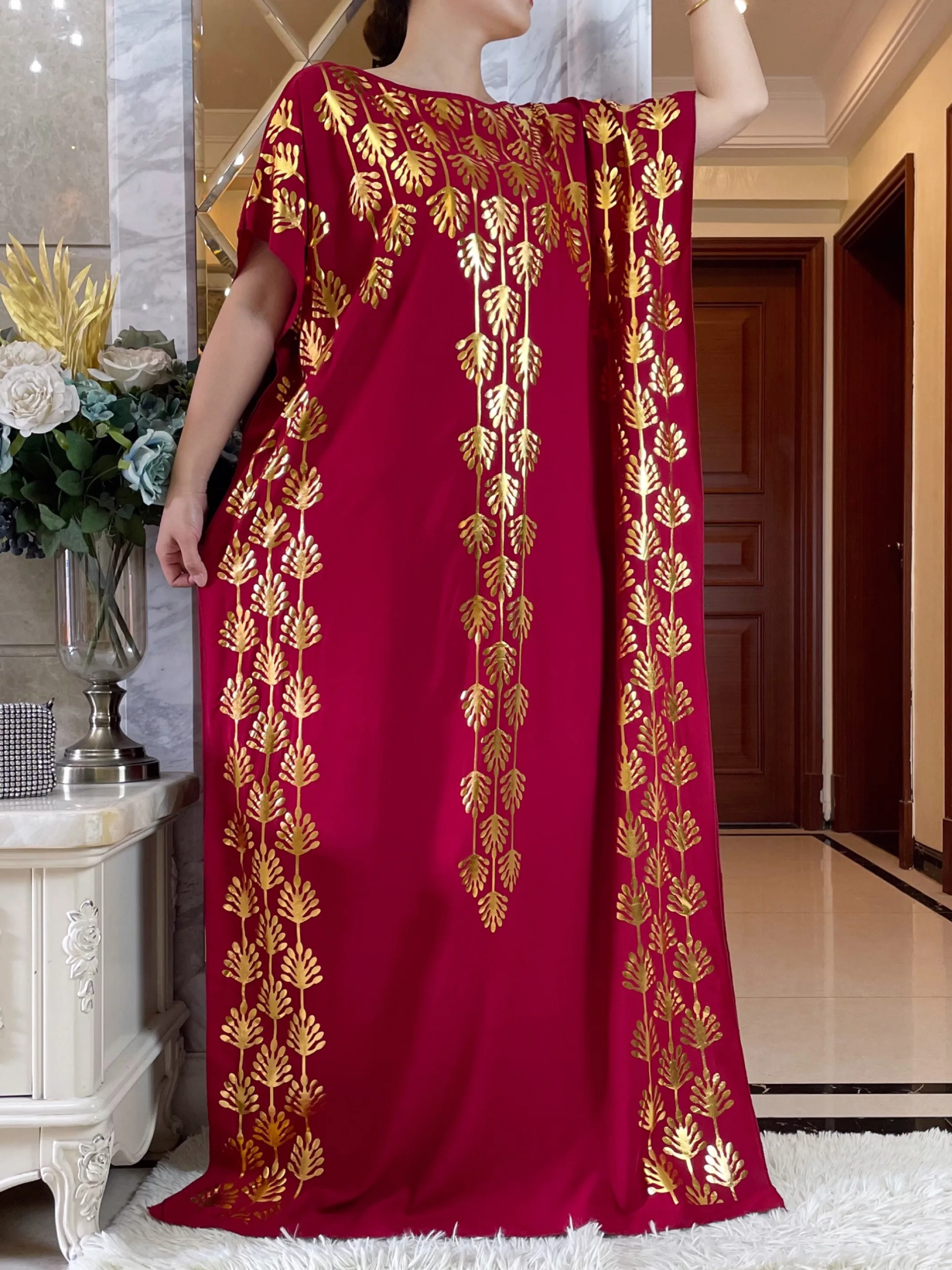 Robe de algodão solto de manga curta, boubou estampado dourado, vestido maxi islâmico com lenço grande, roupa africana Abaya, nova, verão