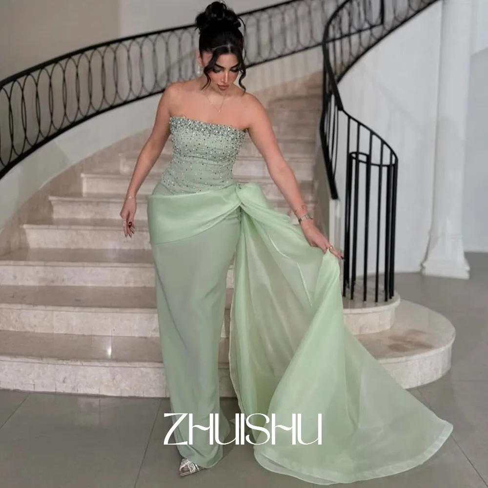 

ZHUISHU мятно-зеленое вечернее платье без бретелек в Саудовской Аравии, роскошные платья для выпускного вечера из бисера и шелковой органзы по индивидуальному заказу в Дубае
