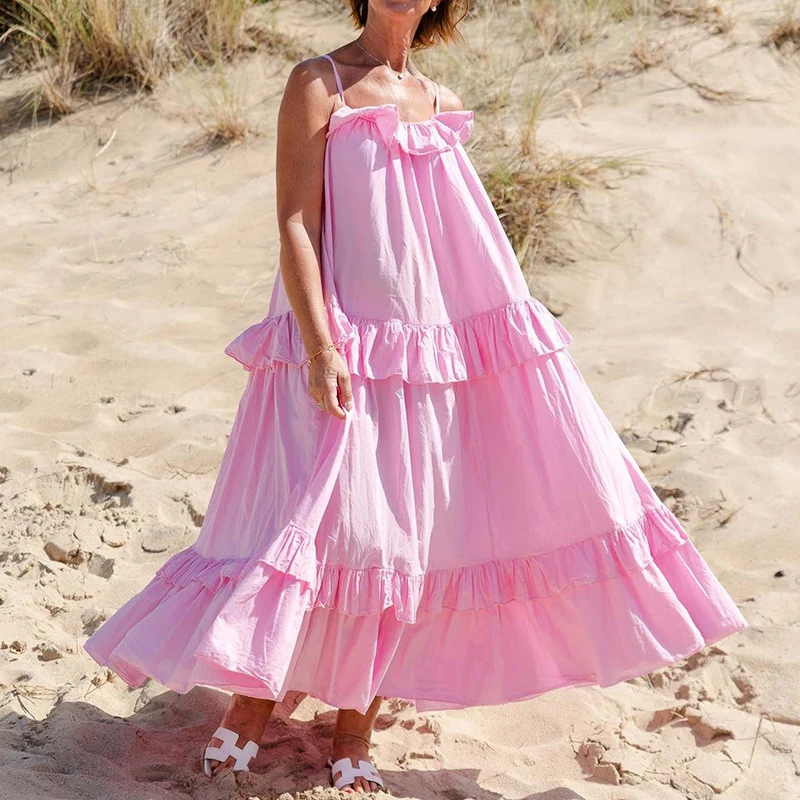 New Vacation Style Ruffles Maxi Dress Elegant Spaghetti Strap Sleeveless Solid Party Dress Casual Backless Big Swing Beach Dress