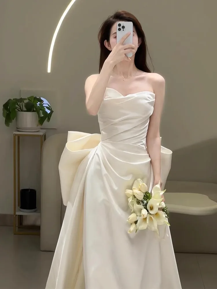 

White Satin Engagement Dr Princ Sle Long Sve Wedding Dr for Brides Small Size Forest System omsmen Outfit
