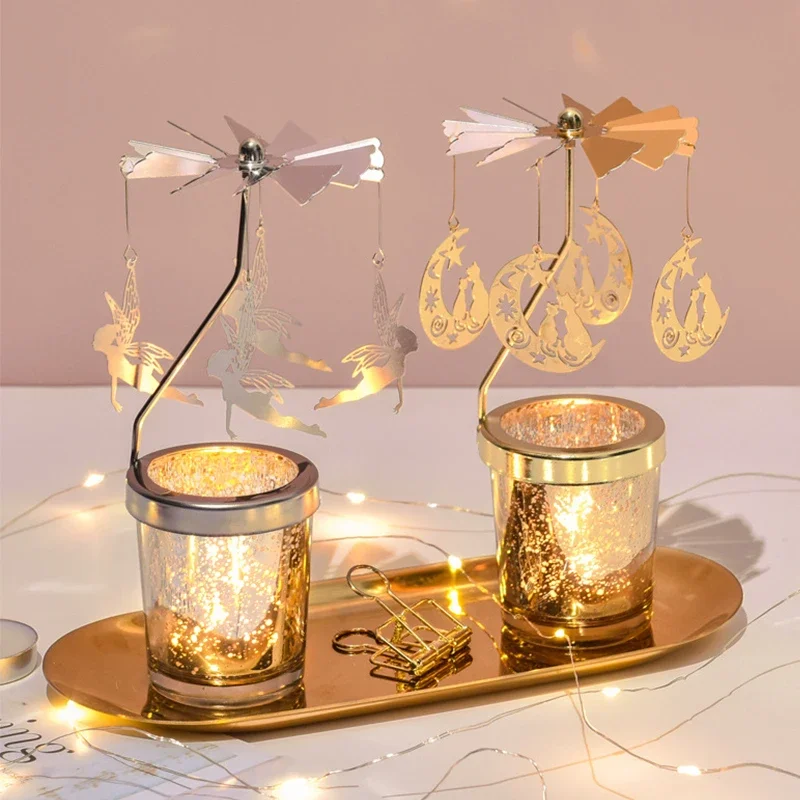 Metal Rotating Spinner Carousel Candle Tea Light Holder Table Rotating Transfer Windmill Decoration Home Elegance Candle Holder