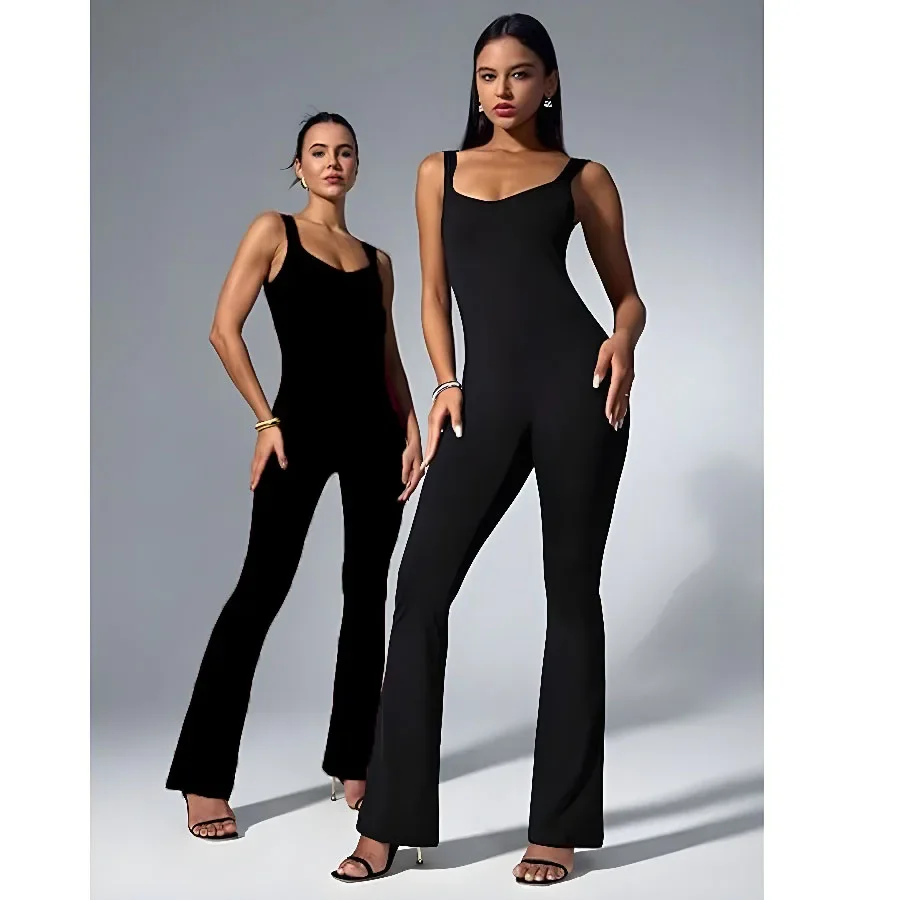 Sleeveless Flare Yoga Jumpsuits Sexy Shapewear, All-in-one Training, Fitness, and Sports Jjumpsuit,   U Back Flared Pants