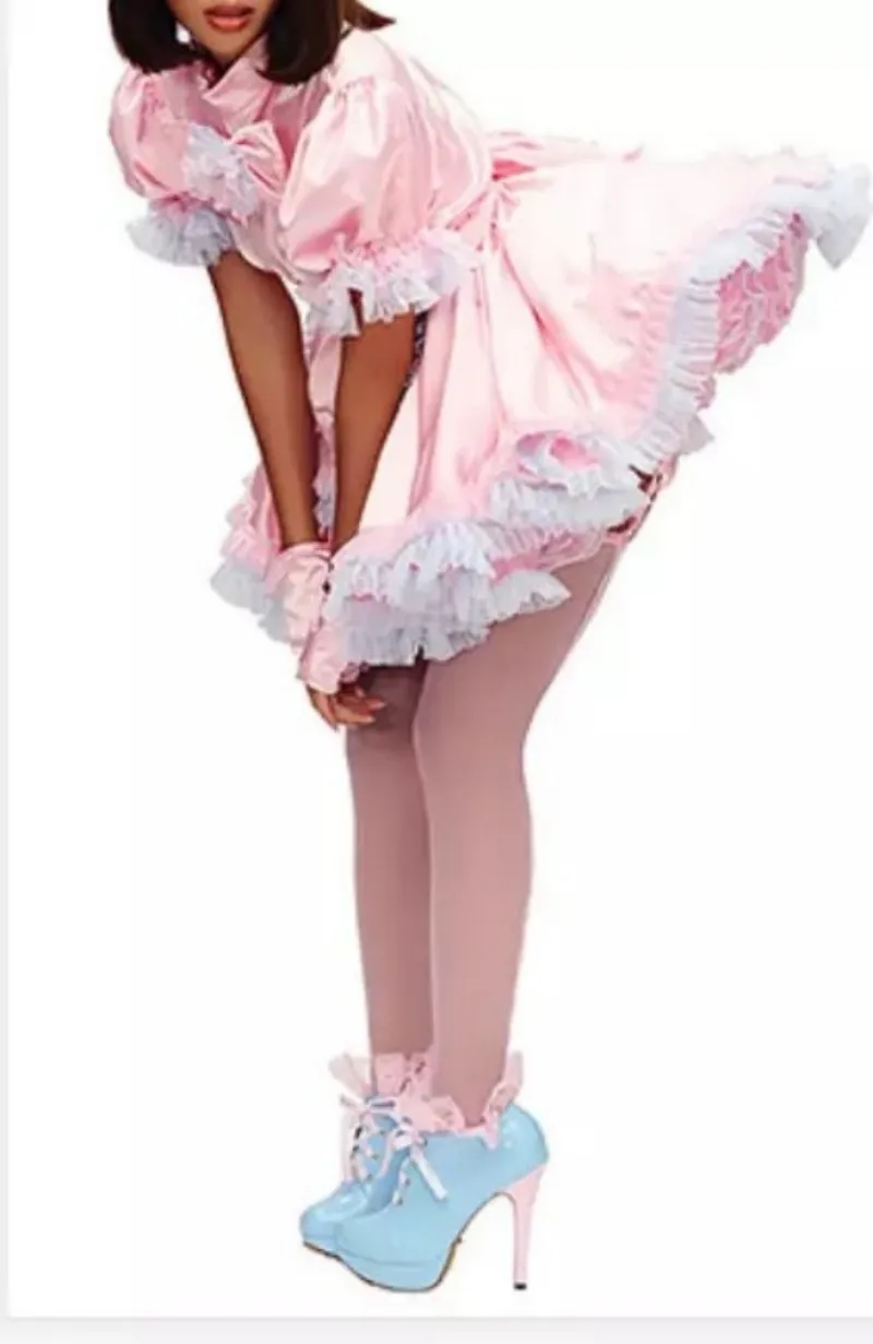 Pink satin Lockable Sissy Lace Dress for Women Cosplay Customized