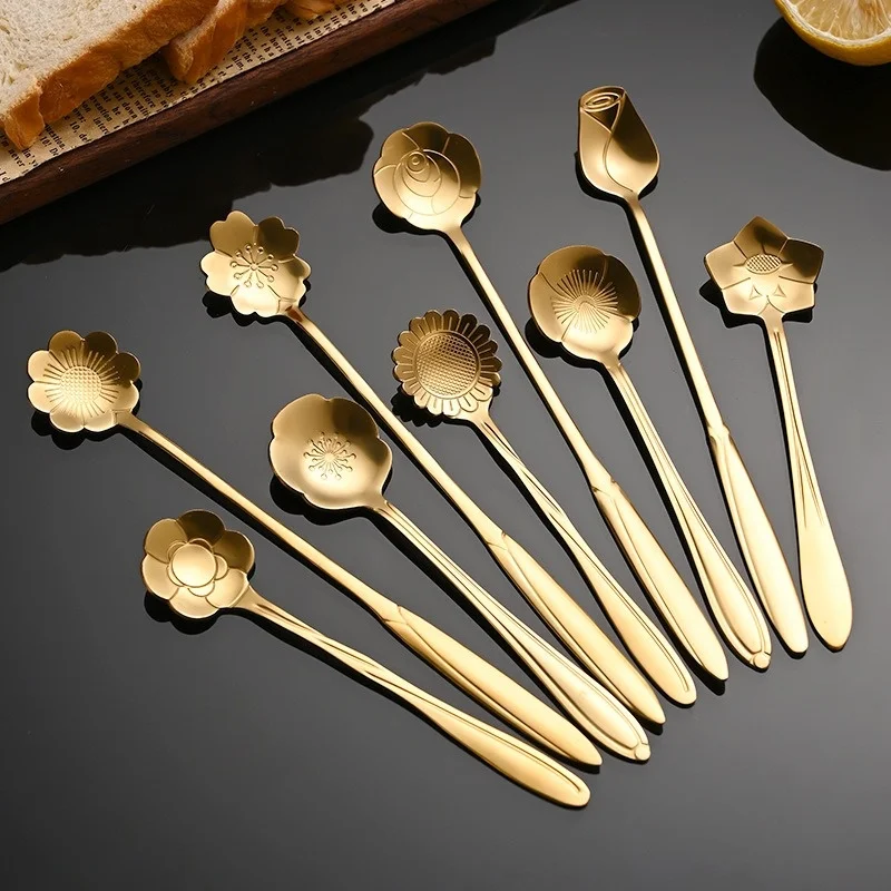 8PCS Golden Spoon Stainless Steel Teaspoon with Design Dessert Ice Cream Tableware Kitchen Cherry Rose Flower Gold Scoop CJCC02