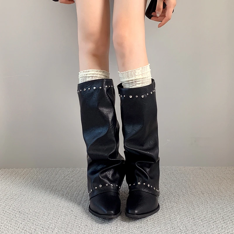 Pointed Toe Rivet Wide Calf Long Boots Women Ruched Slip On Block Heel Vintage Western Knee High Boots Ladies Fashion Footwear