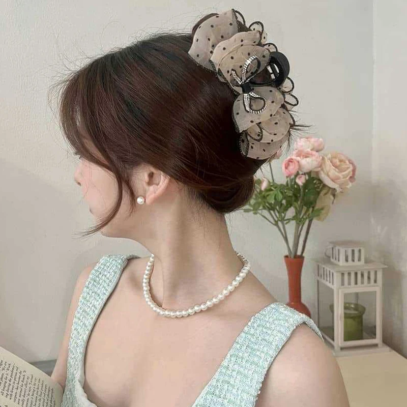 Elegant Mesh Bow Hair Clips para Mulheres e Meninas, Ponytail Claw, Sparkling Rhinestone Clips, Hairpin, Headdress, Acessórios, Presentes