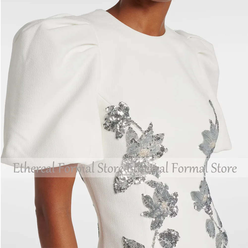 Fashion Ivory Evening Gown For Women Sheath Formal Party Dress Tea Length Short Sleeves Prom Dress Sequin Appliques Saudi Dress
