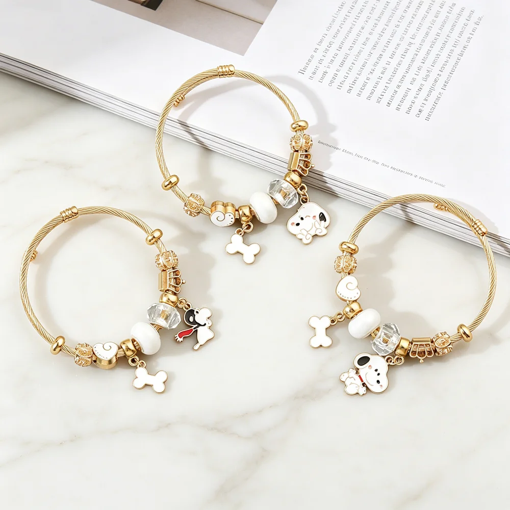 Pulsera Adorable de Snoopy con Dijes de Perro y Hueso de Dibujos Animados, Brazalete Ajustable, Joyería de Moda con Cuentas de Corazón, Diseño Único DIY para Fans